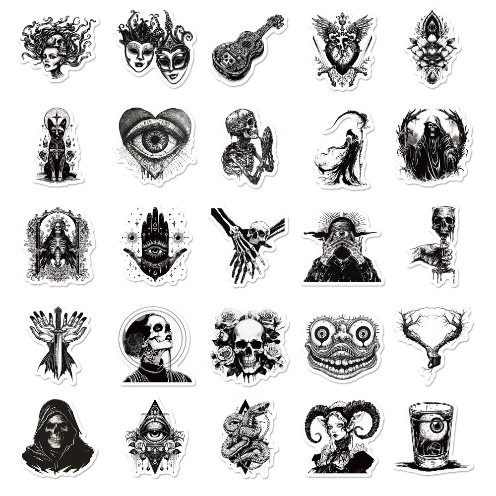 50 PCS Hot Selling Black & White Personality Gothic Style Stickers, Skull Cool Fashion Horror Series Waterproof Stickers