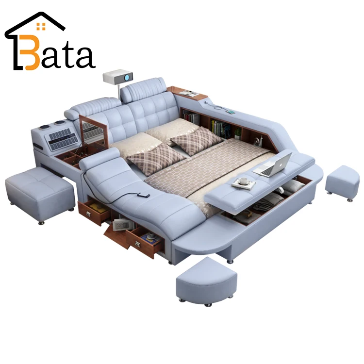 Modern Leather Fabric Bed With Storage Box Multimedia Function Household Bed Bedroom Furniture Sets