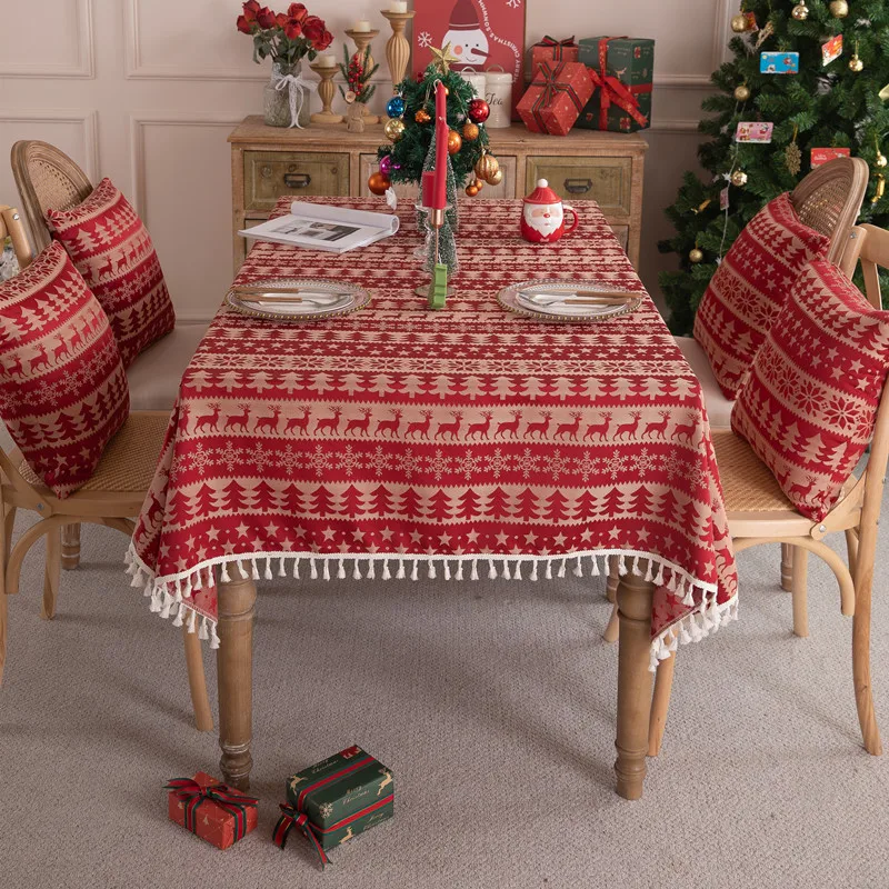 Cross-Border Christmas Waterproof  Red Knitted Christmas Tree Bell Deer Fringe Tablecloth Cover