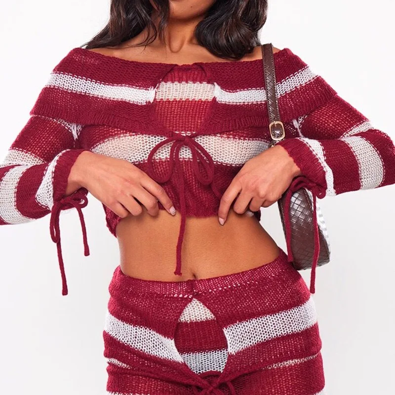 Knitted Sexy Off Shoulder Striped Women Sweater Red Long Sleeve Lace up Top Only Female Autumn New Casual Streetwear Sweater