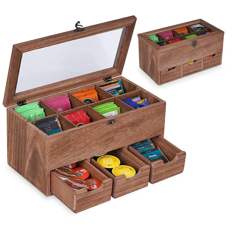 Natural wood bamboo tea box 8 compartments 3 drawers tea box can store coffee, sugar, sweetener storage box