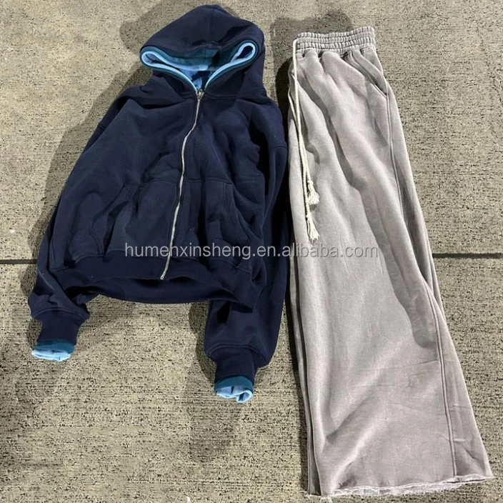 Clothing manufacturers custom wash three double layer baggy flare sweatpants and cropped hoodie set sweat suits men