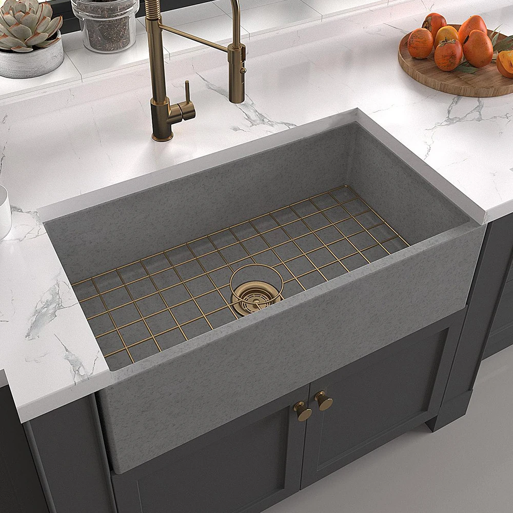 DASEN modern deep farmhouse sink cement single bowl rectangular kitchen sink black concrete apron front sink