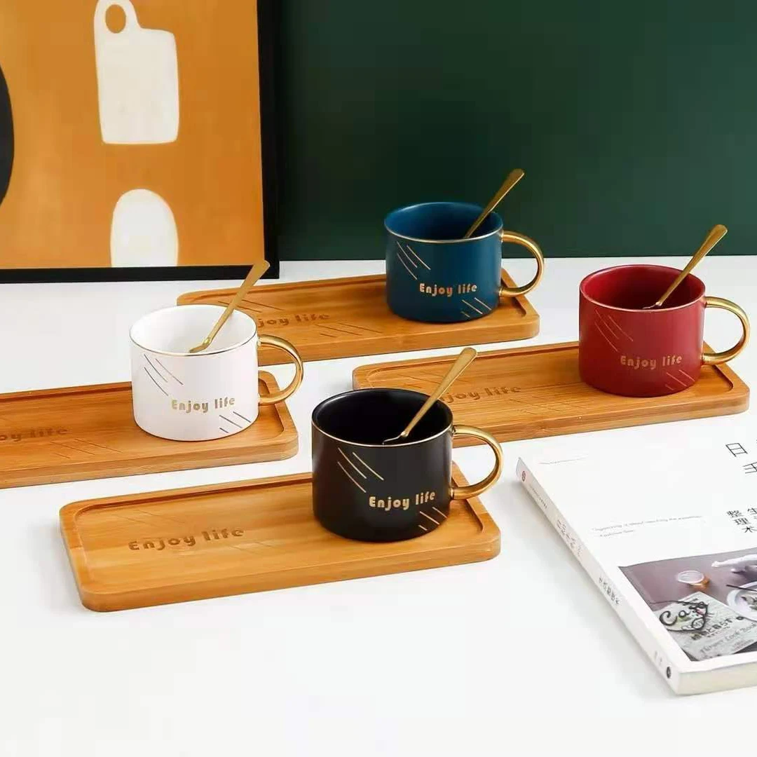 
Custom Logo European Wholesale Modern Design Office Mug Ceramic Gold Latte Coffee Tea Cups With Creative Saucers Tray 