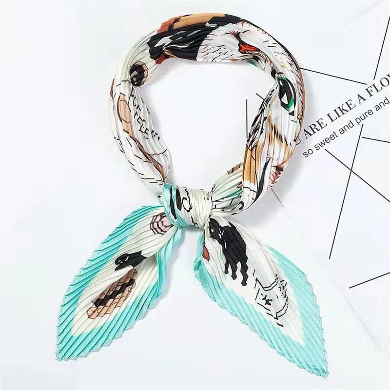 Womens Small Square Polyester Silk Feel Scarves All Four Seasons Pleated Neck Scarf