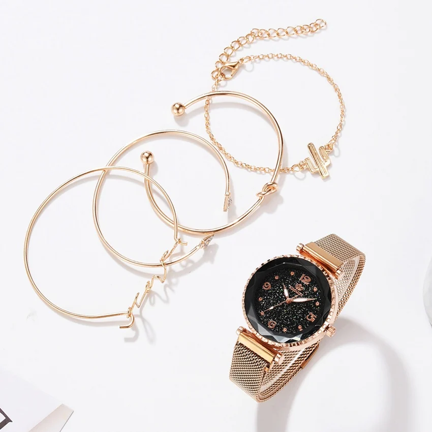 
5pc/set Luxury Brand Women Watches Starry Sky Magnet Watch Buckle Fashion Casual Female Wristwatch Roman Numeral Simple Bracelet 