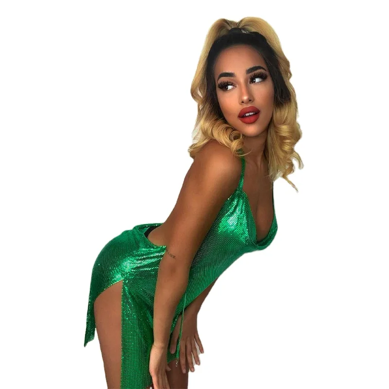 2022 new gold sexy halter low-cut big open back slim slit mini dress sexy nightclub style for hot ladies to club