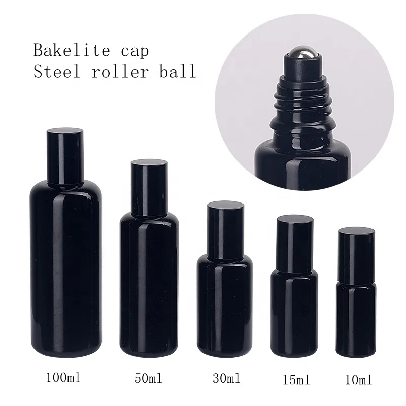 roller ball bottle 100 ml 50 ml 30 ml black glass bottle 15 ml 10 ml cosmetic roll on bottle with Bakelite cap for massage oil