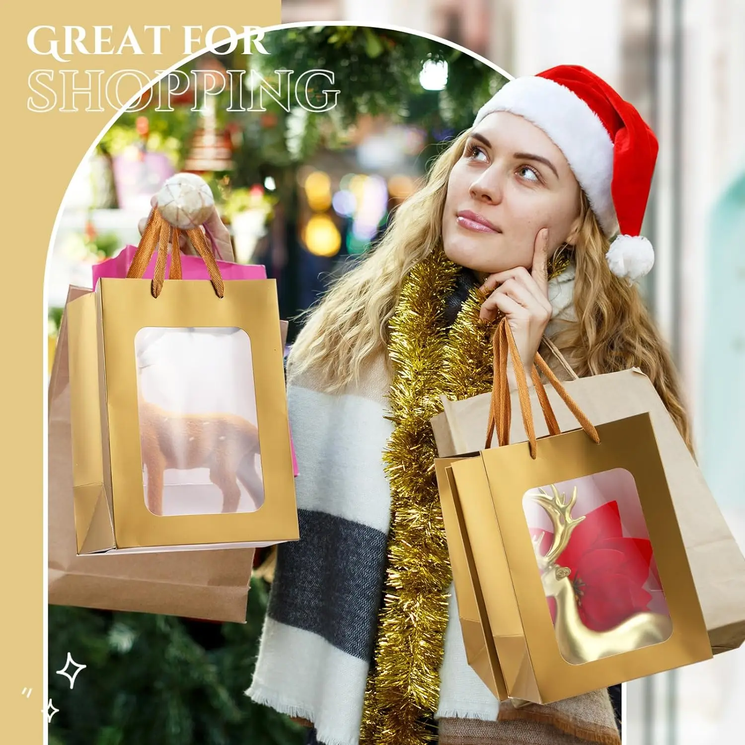 Custom Recyclable gift Shop flower Wedding festival birthday Logo golden handlybag clear window cardboard bags for jewelry