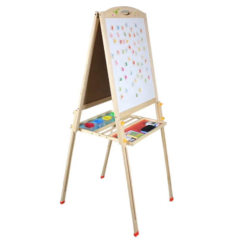 Early childhood double side chalkboard wooden art easel sets height adjustable standing easel magnetic white board painting toy