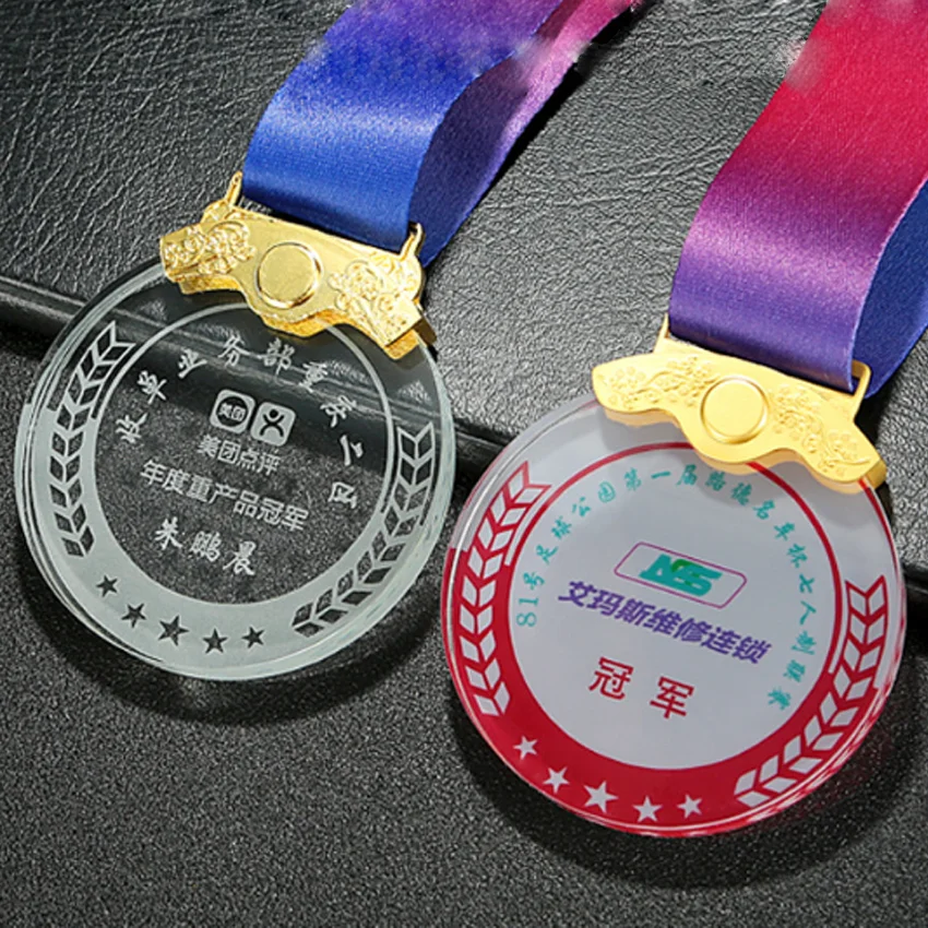 Customized Sublimation Quality Crystal Medal With Ribbon Glass Medals plaques Gold Sports Marathon Soccer Karate Acrylic Medal