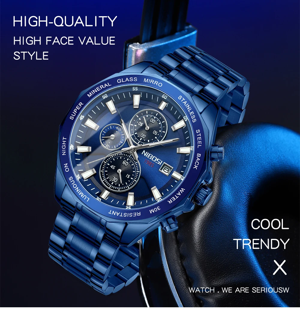 NIBOSI 2599 branded personalised man quartz watch cool Steel Strap water resistant chronometer advertising business reloj watch