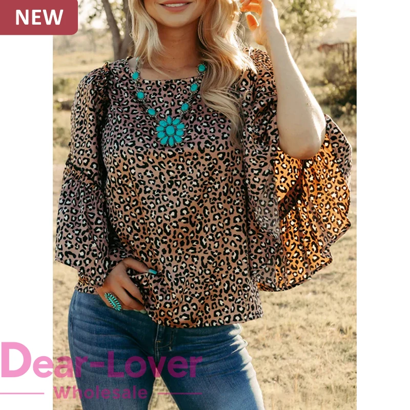 Dear-Lover OEM ODM Wholesale Western Clothing Chestnut Leopard Print Ruffle Wide Sleeve Blouse Women
