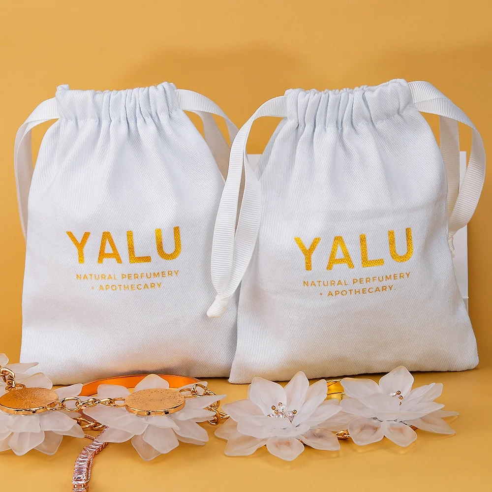 Custom Logo drawstring Small Gift cosmetic Pouch White Luxury Twill Cotton Jewelry Packaging Bag