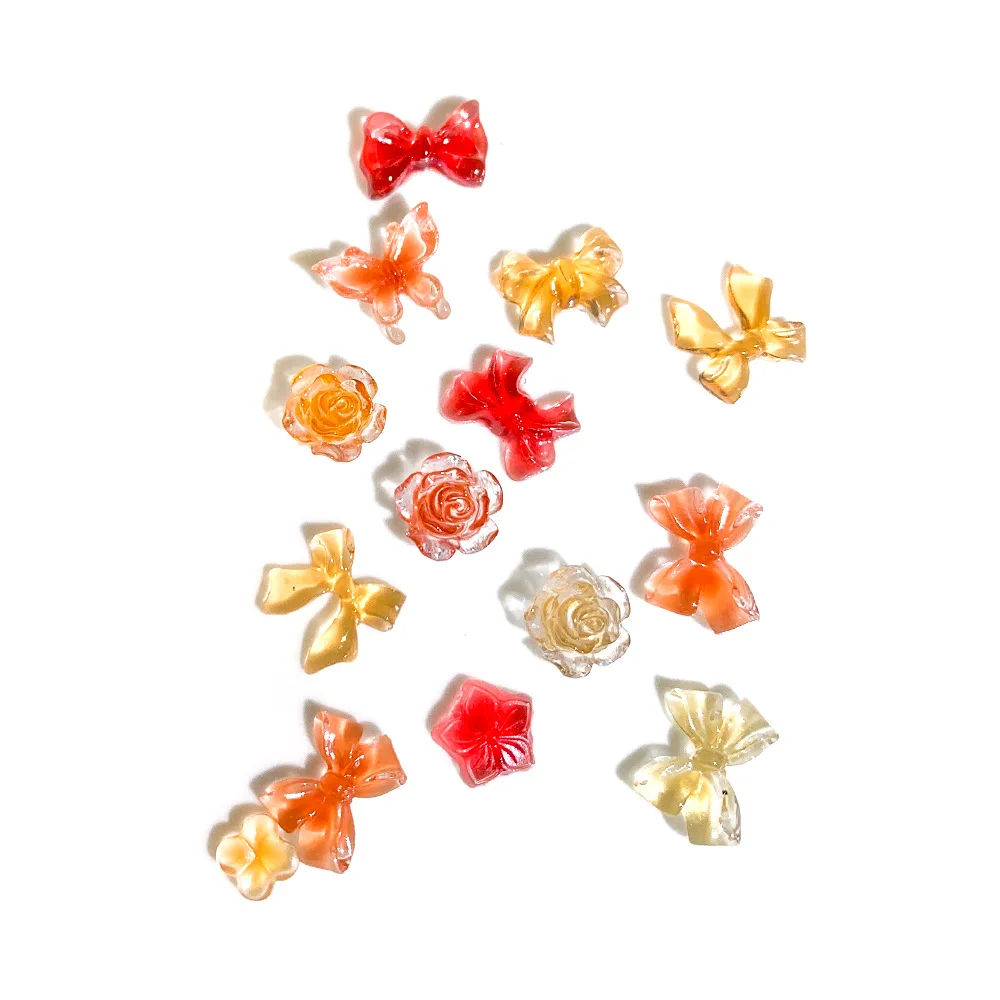 Vintage Autumn Maillard Resin Bow Nail Charms Camellia Flower Butterfly Decoration Mixed Nail Accessories