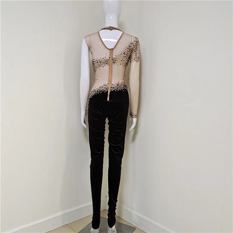 A3747 customize 2024 new high quality fashion lady wear long sleeve extreme sexy crystal long jumpsuit  Ship in 7-15 days