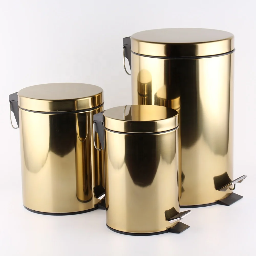  Stainless Steel Trash Can With Lid on Golden Painting Waste Garbage Bin Foot Pedal
