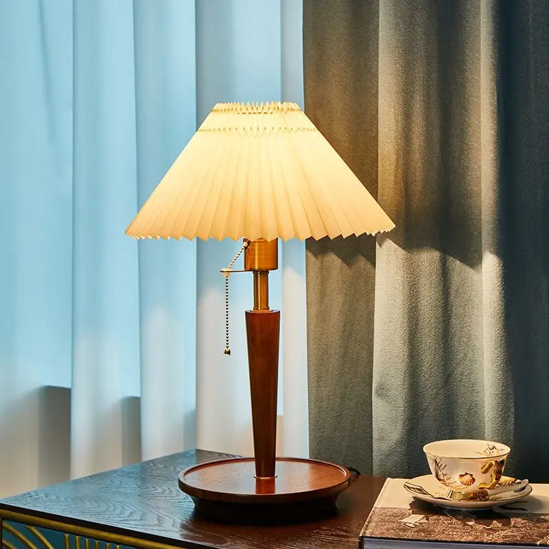 Walnut Solid Wood Table Light Simple Pleated Table Lamps Vintage Bedroom  Nordic Pull Switch Vertical LED Light