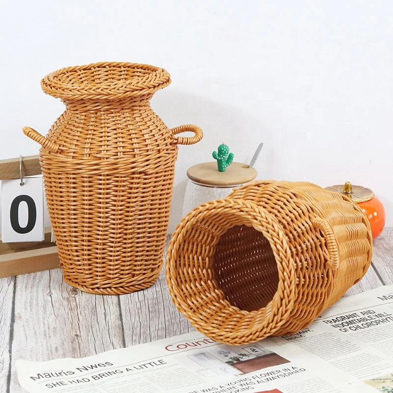 FSP353 Japanese Home Decor Plastic PE Creative Home Decoration Flower Straw Woven Antique Rattan Glass Vase Plant Vases