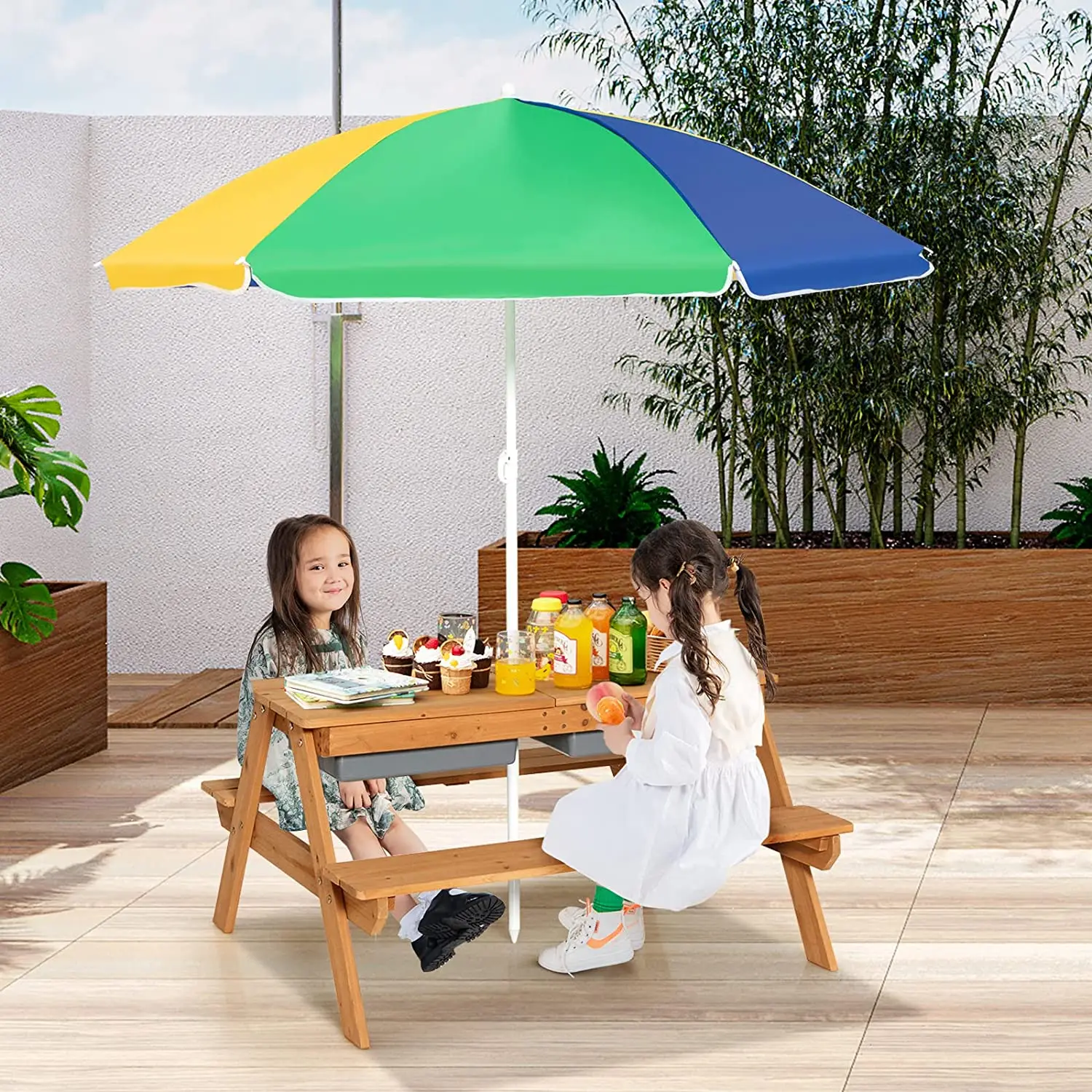 Kids Picnic Table Height Adjustable Umbrella, Removable Tabletop Children Outdoor Toy Play set Wooden Convertible Activity Table