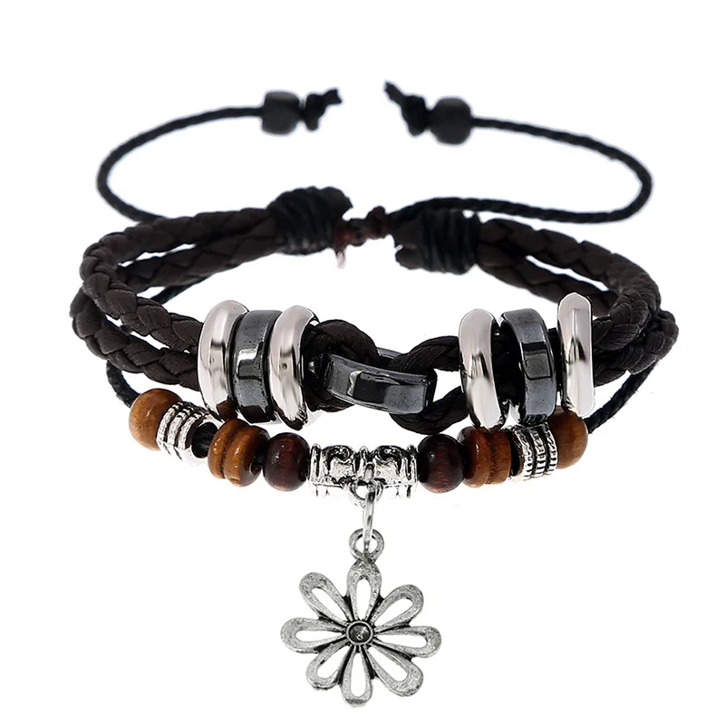 High Quality Alloy Sunflower Pendant charm Beaded Leather Bracelet Fashion Braided Multilayer Bracelet For Men And Woman