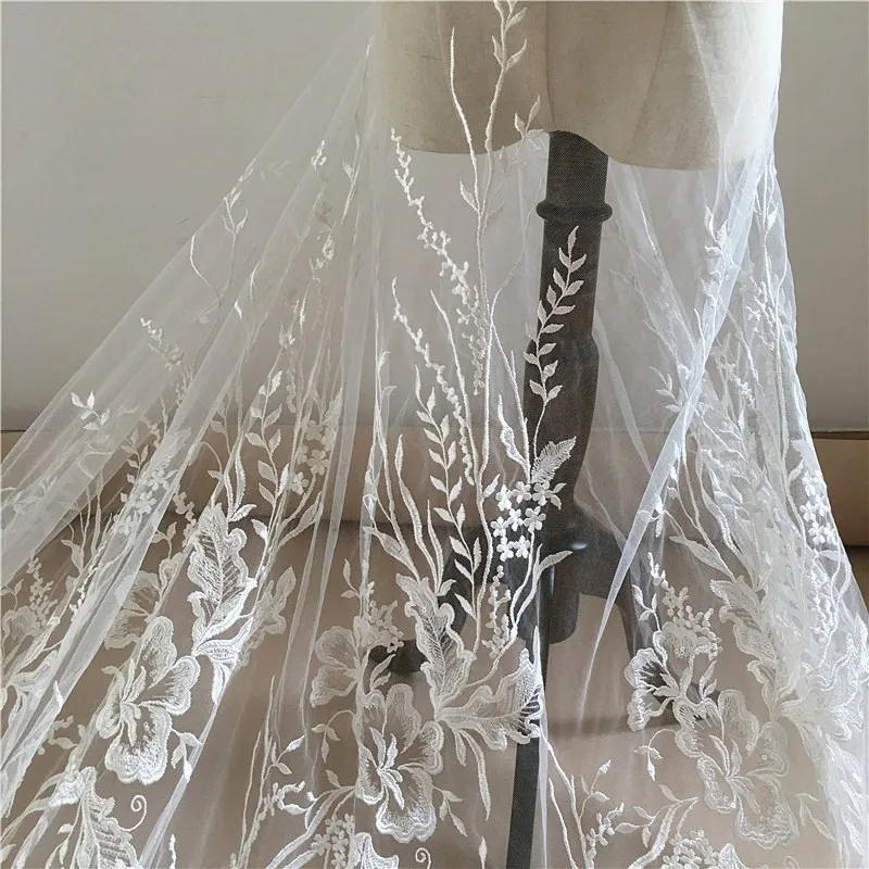 New Embroidery Soft Lace Face Fabric Big Flower Branch Sequins Wedding Dress Dress Qipao Window Curtain Handmade DIY