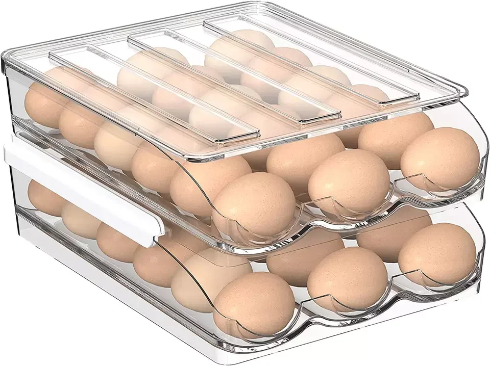 Egg Holder Tray Single Layer Large Capacity Stackable Clear PET Plastic Egg Storage Container for Refrigerator Freezer