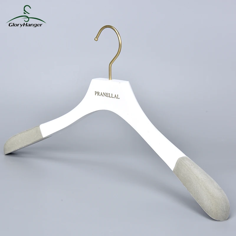 Luxury White Wooden Hanger With Gray Velvet Coated Shoulder and Gold Hook