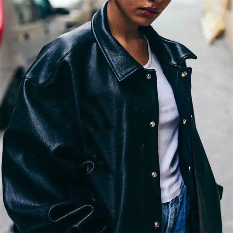 Custom puff printing pattern solid color leather baseball bomber men leather jacket  with buttons