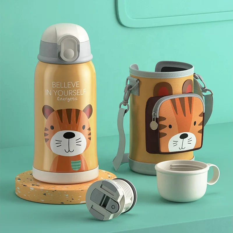 Kid Water Bottle 500ml  Vacuum Cup  With Straw Wholesaler For Outdoors Student Water Cup Lovely Cartoon With Cup Set
