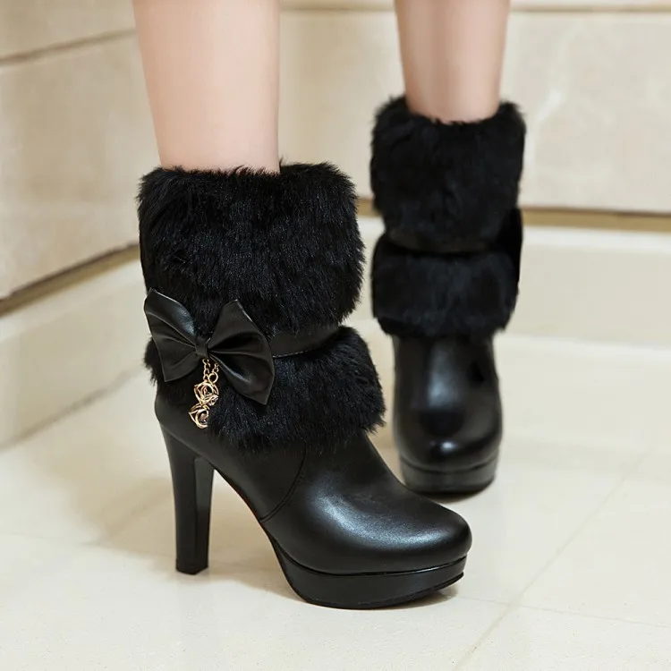 2023 OEM ODM factory high quality rabbit fur autumn PU pumps chunky heels shoes