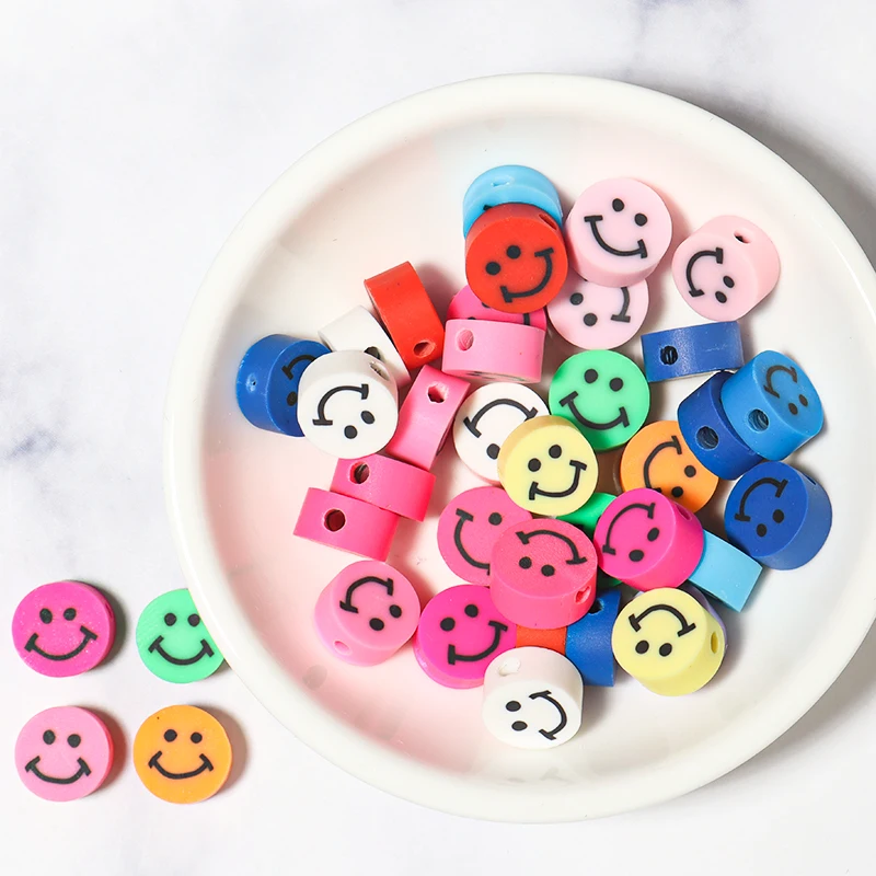 50pcs/bag Flat Round Smiley Face Beads Polymer Clay Beads Loose Spacer Beads for DIY Jewelry Making