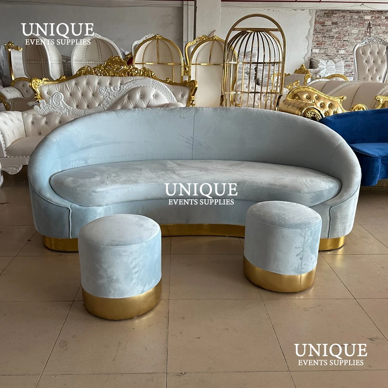 popular elegant velvet beige sofa set for bride and groom with ottomans 2 seaters sofa couch hotel use stage sofa for weddings