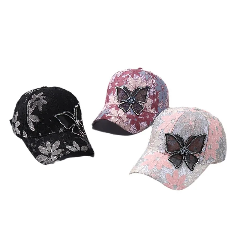 Custom Design Summer Lace Thin All The Cap Women Breathable Sun Rhinestone Butterfly Street Fashion Baseball Cap