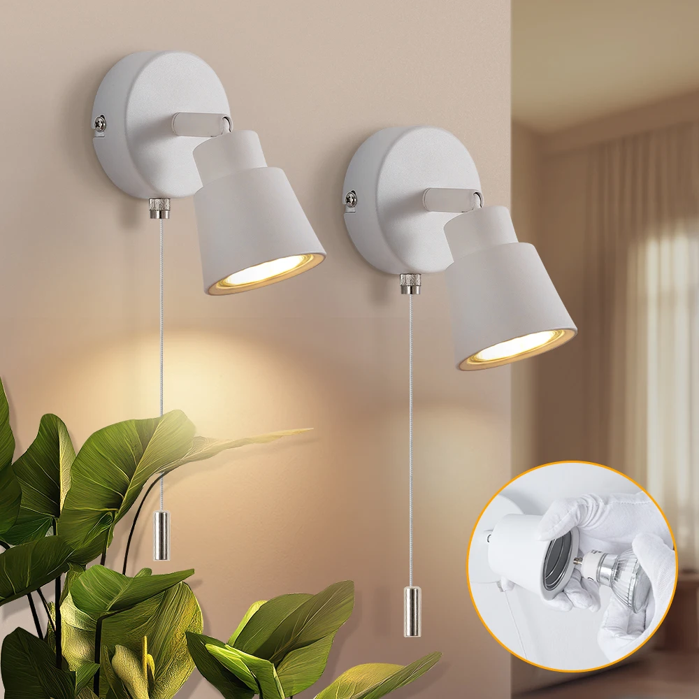 2 Pack White Classic Wall Lights with Pull Cord Switch GU10 50W Indoor Metal Wall Sconce Lights
