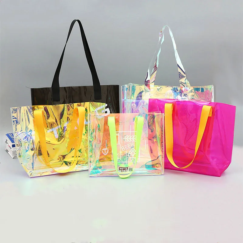 Customized color  PVC transparent tote bag Holographic cheap shopping bag gift plastic bag