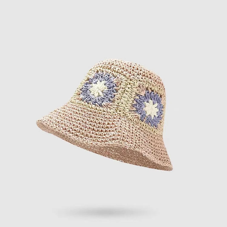 manufacture custom designer famous brand flower knitted small brim boho straw bucket hat mujer unisex colorful folding sun cap