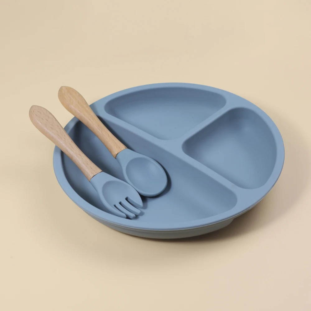Safe Reusable Silicone Material Food Grade Safe Silicone Plate With Spoon And Fork With Wooden Handle