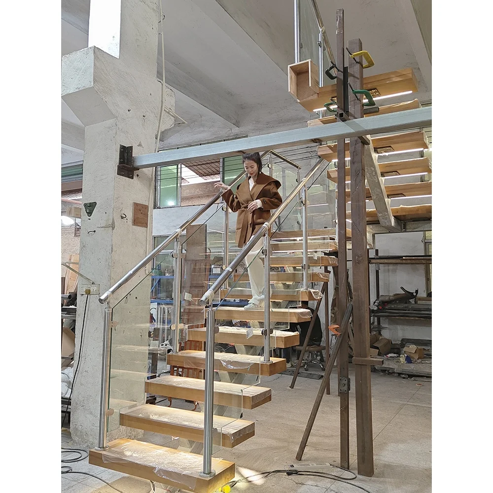 Modern Wooden Staircase Mono Stringer Stairs Customized Interior Staircase Designs Duplex Mezzanine Stairs