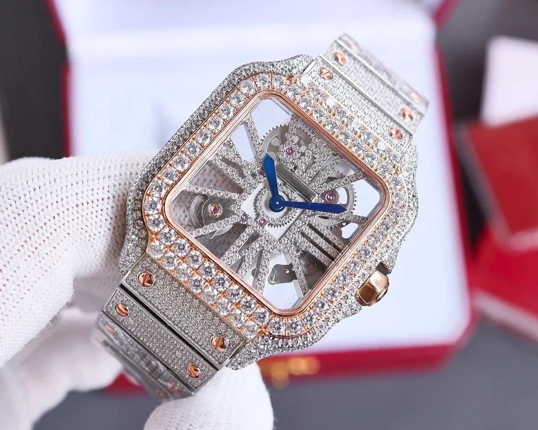 Light Jewelry New Hip Hop Jewelry Iced Out Rhinestones Quartz Watch Stainless Steel Roman Watches 18k Gold Diamond Bezel  Watch
