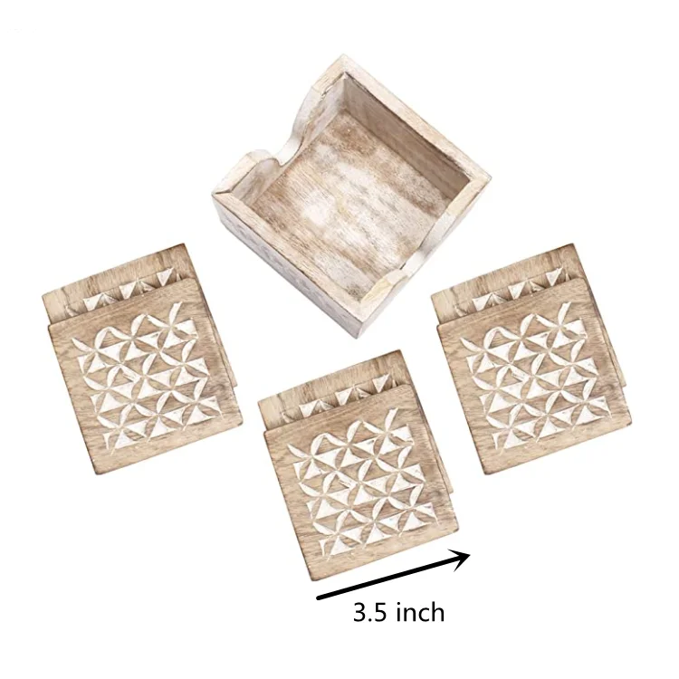 Custom hand made mango wood carefully designed set of 4 wood coasters holder