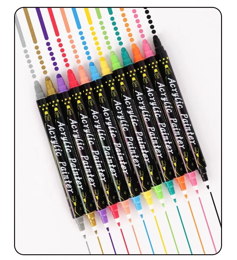 Customized Acrylic Marker Pen Double Tip Dot And Tip Coloring Marker Multiple Colors For Canvas Paper Glass Rock