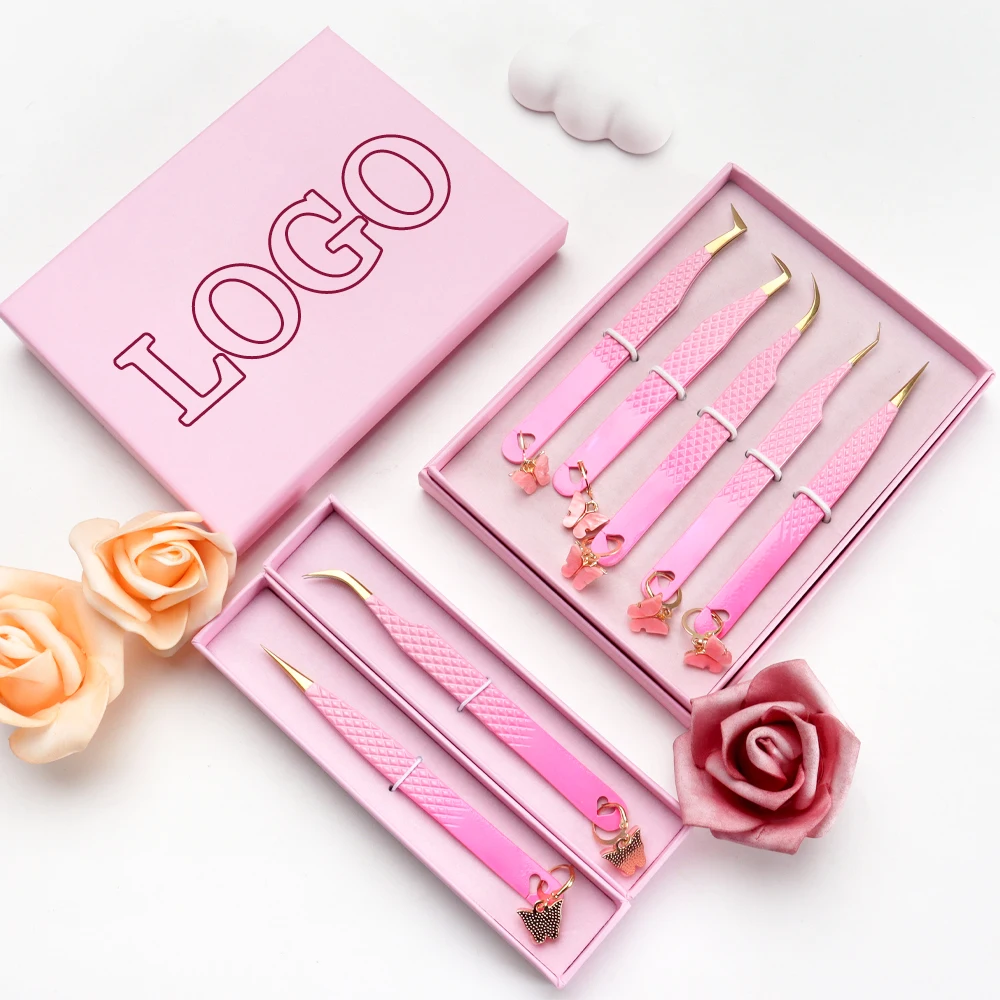 Gold Silver Tip Black Pink Green Grafted Innovative Fiber Tip Eyelash Tweezers Kit Pointed Curved Slanted Rounded Lash Tweezers