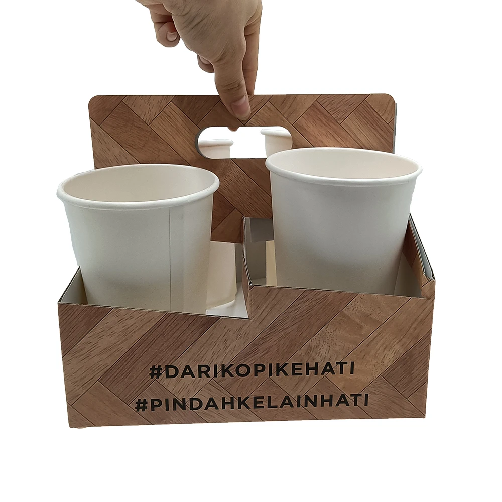 Wholesale Brown Sturdy Paper Box for Grocery Store Drink Container Box for Restaurant 4 Pack Coffee Beverage Takeout Paper Box