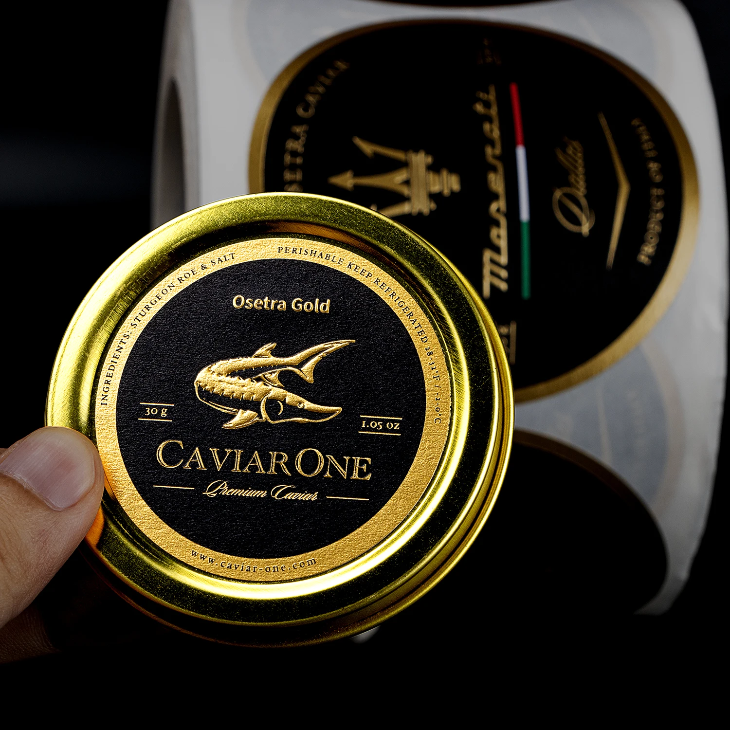 Waterproof Custom Luxury Biodegradable Textured Paper Printing Caviar Tin Kaviar Label Aluminum Gold Foil Embossed Caviar label