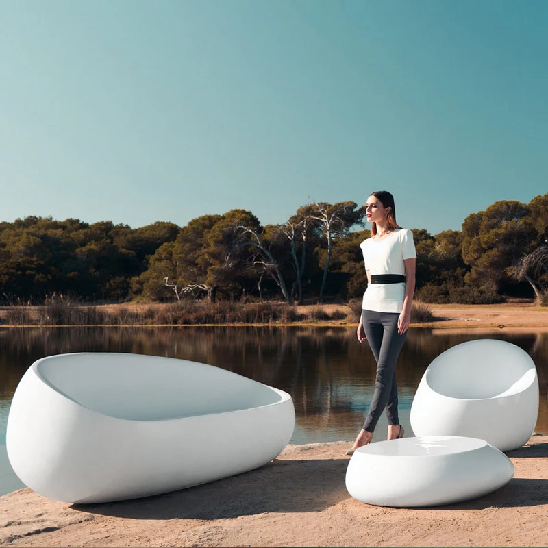Y094 Salon Popular Stone Shape Table Chair Set Fiberglass Stylish Outdoor Garden Balcony Lounge Chair Table Bench with Backrest