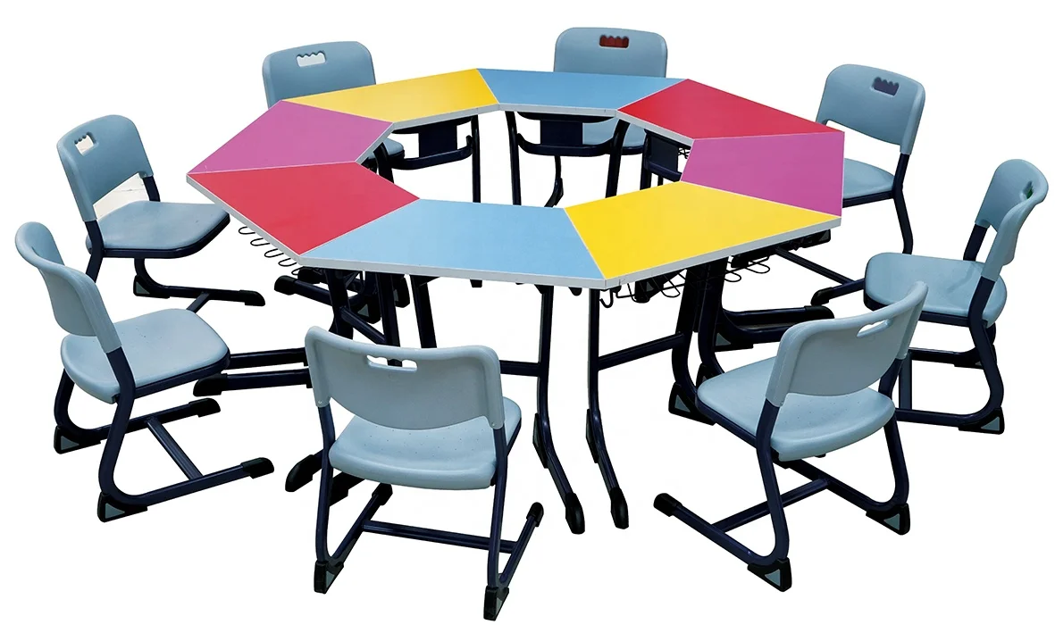 Preschool classroom furniture moon shape height adjustable study table and chair set for kids
