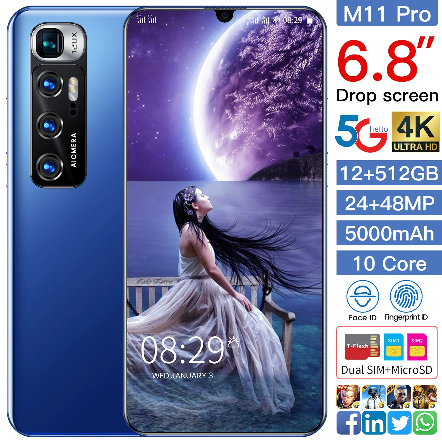 Новый Оригинальный разблокированный смартфон Mi M11 Pro 12 + 512 Гб с двумя Sim-картами разблокировка по лицу Android 10 0 3G 4G мобильные