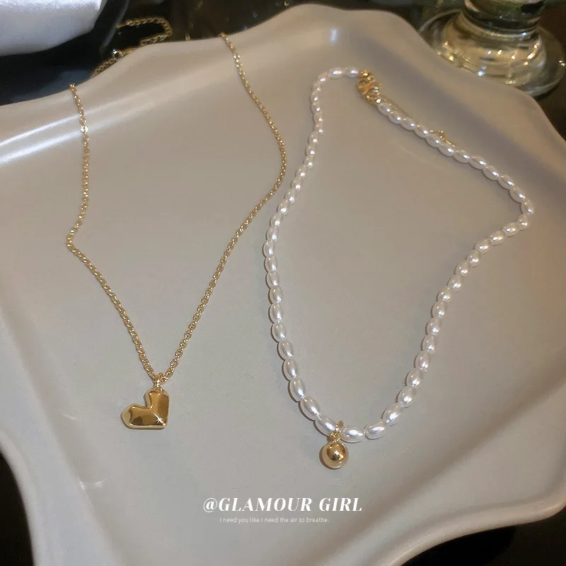 Fashion Temperament Pearl Love Necklace Personality Double Layer Chain INS Popular Clavicle Chain Women Jewelry