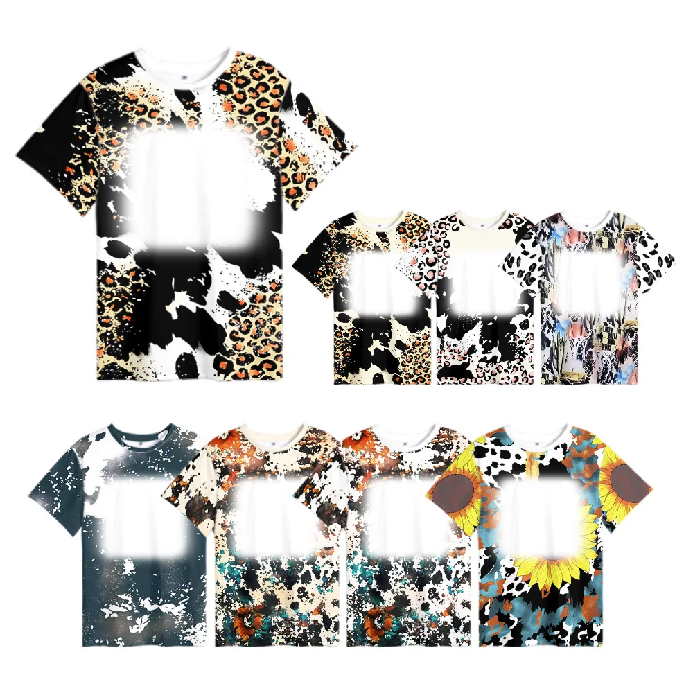 Wholesale Leopard Cow Bleached Shirts US Size Men Women Kid Sublimation Plain Faux Bleached Full Print Polyester T-shirt